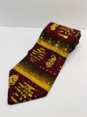 Ermenegildo Zegna Silk Tie Italy Burgundy Gold Abstract Retro Floral Geometric